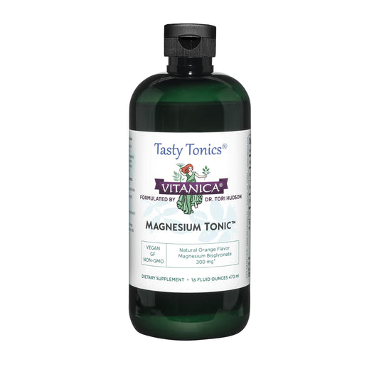 Vitanica Magnesium Tonic bottle being poured, showcasing convenient liquid form for daily use.
