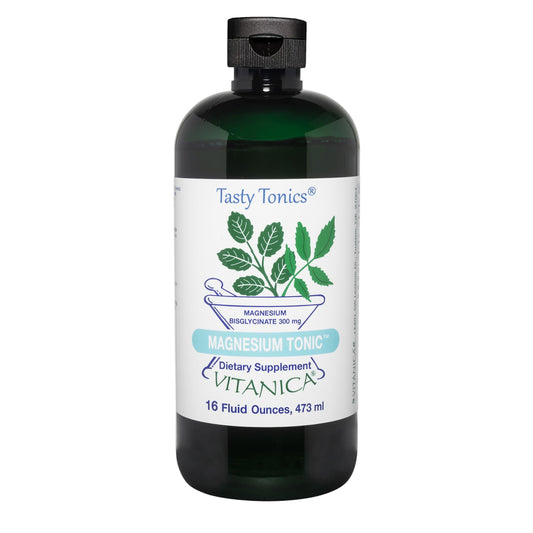 Vitanica Magnesium Tonic bottle on a counter showing daily magnesium support for relaxation