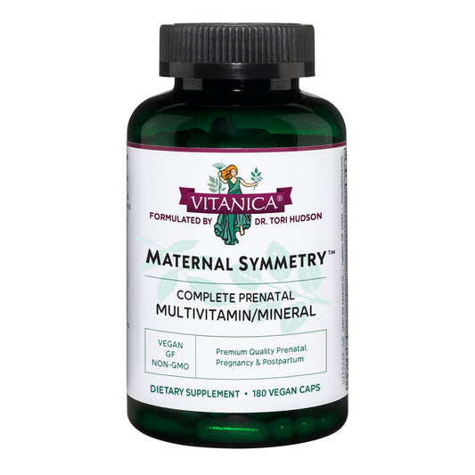Vitanica Maternal Symmetry bottle front shows vegan prenatal support for daily wellness