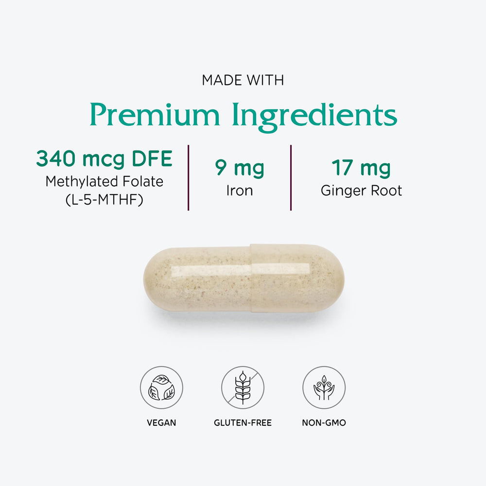 Vitanica Maternal Symmetry capsules closeup highlights small, easy-to-swallow vegan capsules