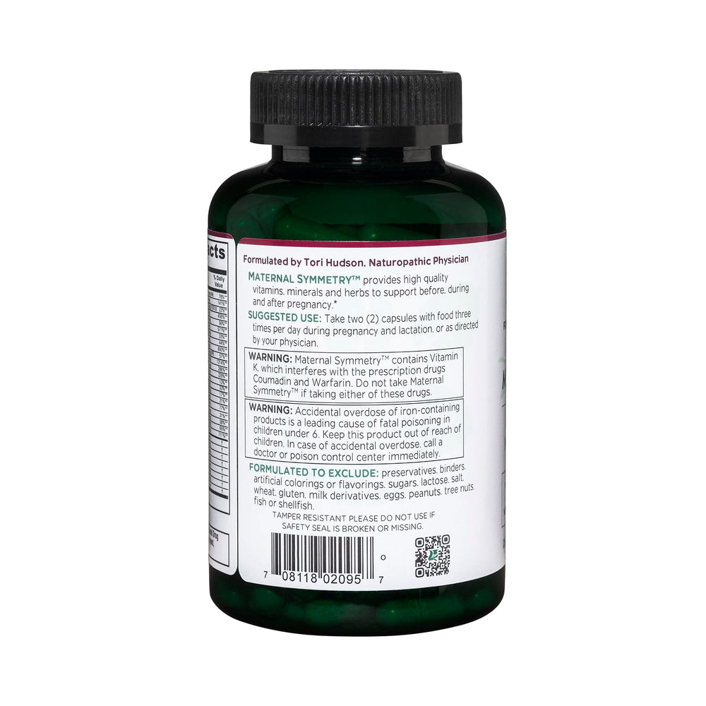 Vitanica Maternal Symmetry packaging with vegan label communicates plant-based, allergen-free formulation