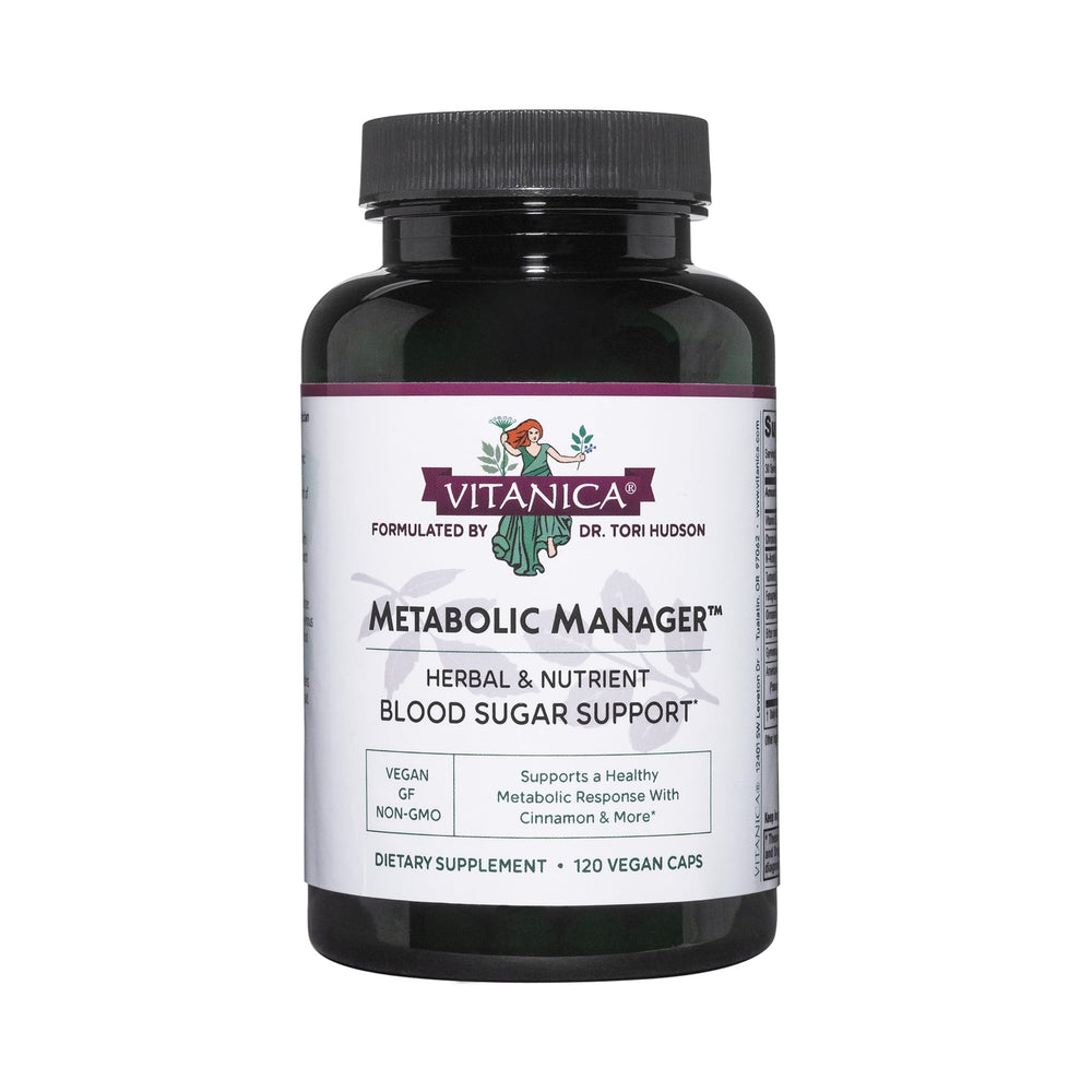 Vitanica Metabolic Manager bottle front showing vegan herbal blend for daily metabolic support