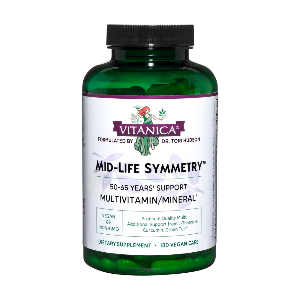 Vitanica Mid-Life Symmetry bottle front, vegan multivitamin for mature women.