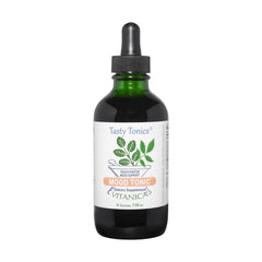 Vitanica Mood Tonic peach bottle closeup showing botanical blend for daily mood support