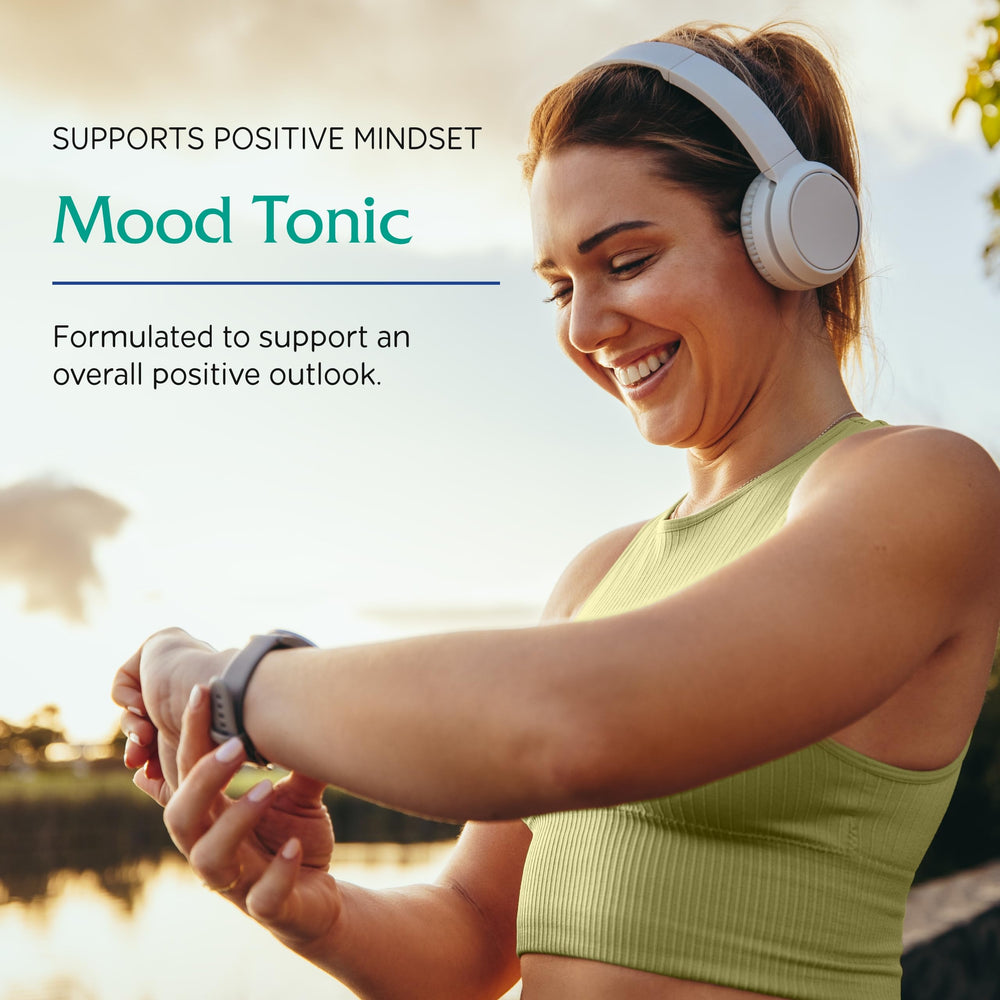 Vitanica Mood Tonic peach label view highlighting vegan-friendly formula