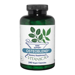 Vitanica OsteoBlend bottle front shows vegan bone support for daily wellness.