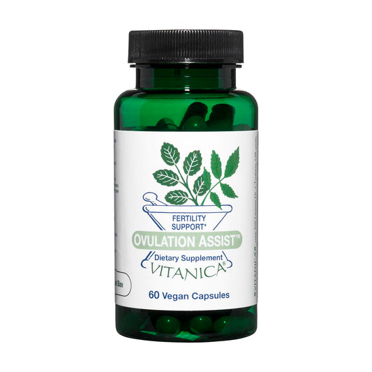 Vitanica Ovulation Assist bottle front with vegan capsules for hormone balance support.