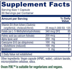 Ovum P.M. bottle rear with supplement facts highlighting methylfolate and melatonin.