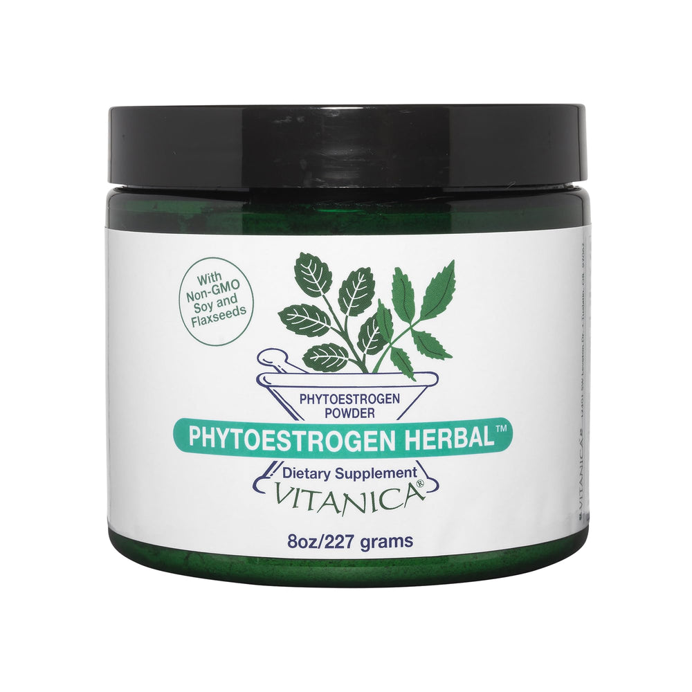 Vitanica Phytoestrogen Herbal Powder bottle for menopause support and daily wellness.