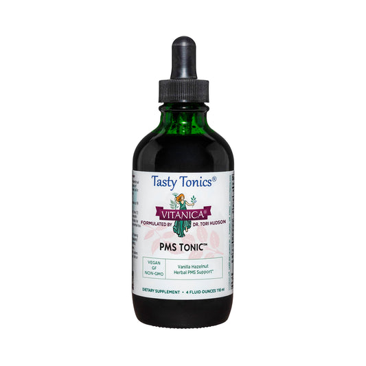 Vitanica PMS Tonic bottle front, vegan blend for premenstrual support