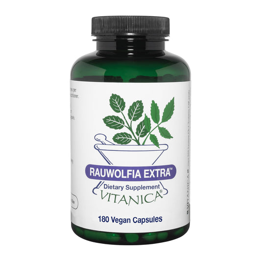 Vitanica Rauwolfia Extra bottle and capsules designed for cardiovascular support.