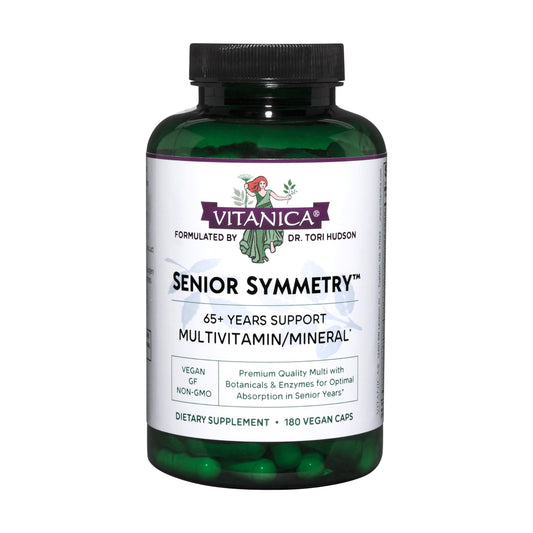 Vitanica Senior Symmetry bottle front for aging adults with vegan multivitamin.