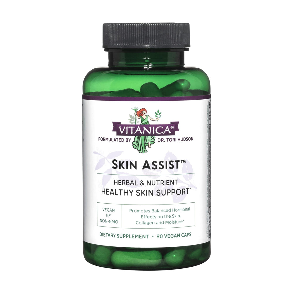 Vitanica Skin Assist bottle front showing vegan skin support for a healthy glow