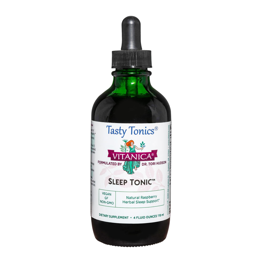 Vitanica Sleep Tonic bottle being poured for a calming evening ritual