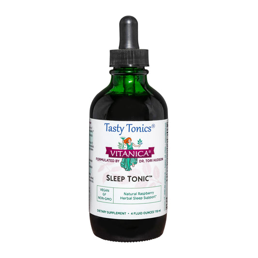 Vitanica Sleep Tonic bottle being poured for a calming evening ritual