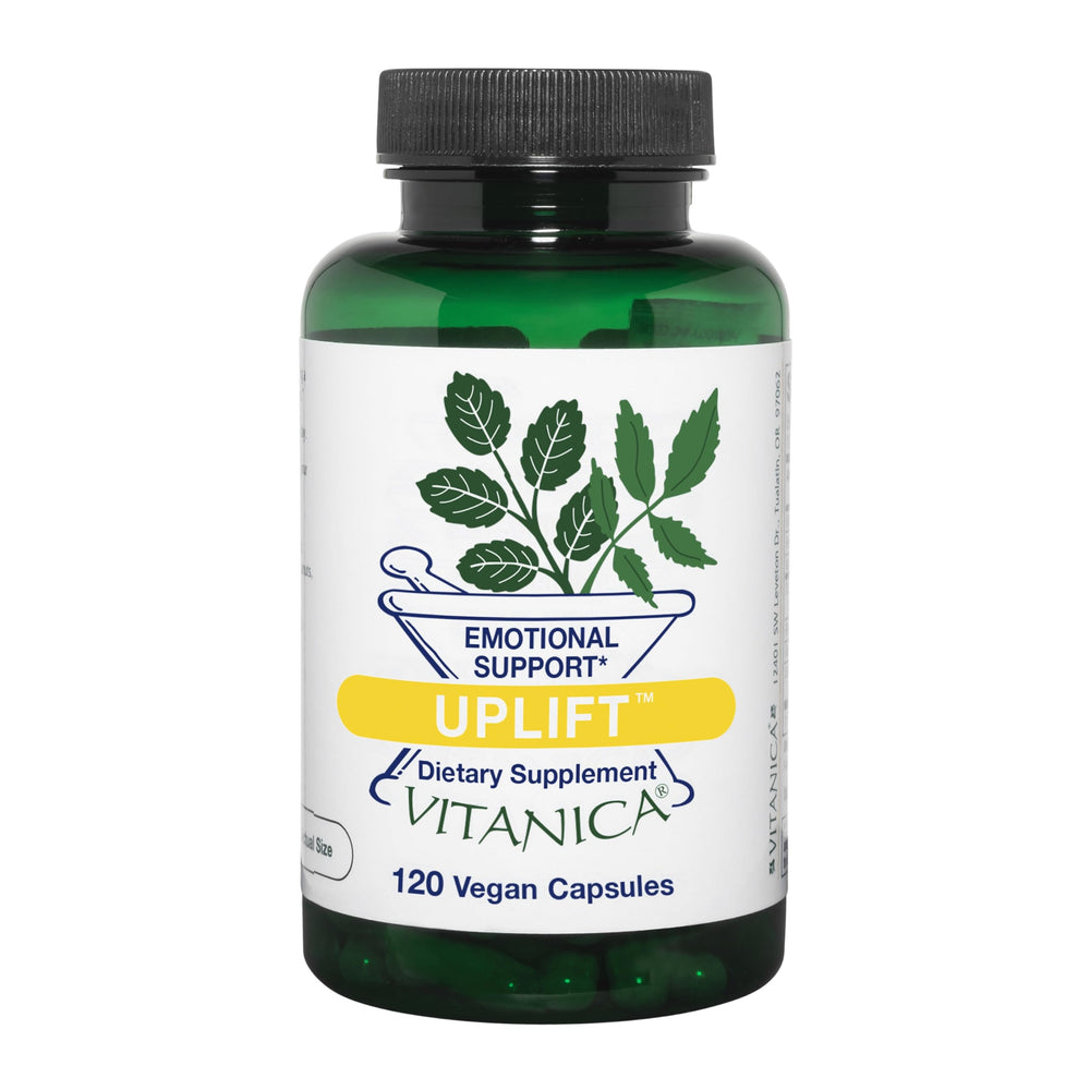 Vitanica Uplift bottle closed with label, for daily mood support