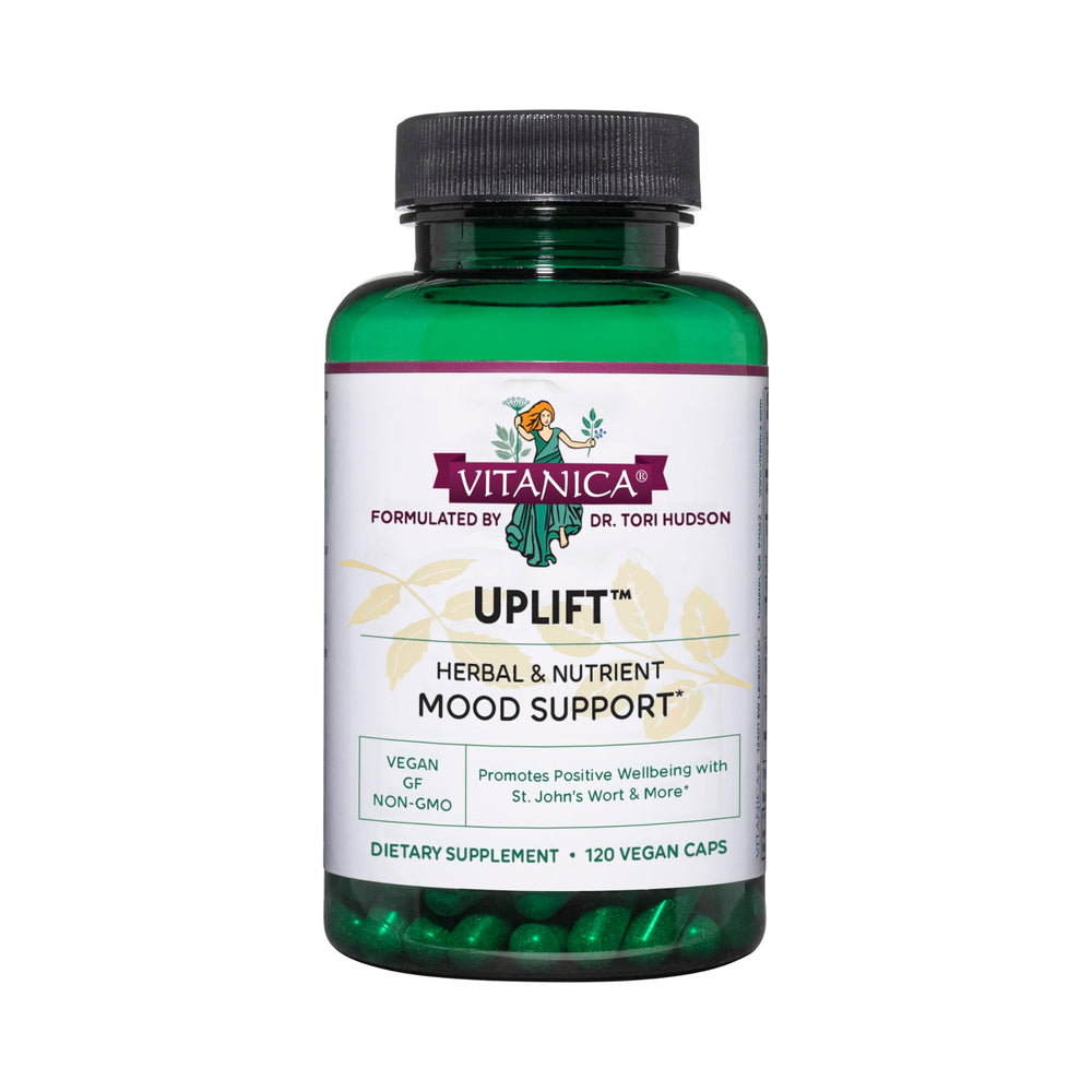 Vitanica Uplift bottle-front showing vegan mood support in convenient capsules.