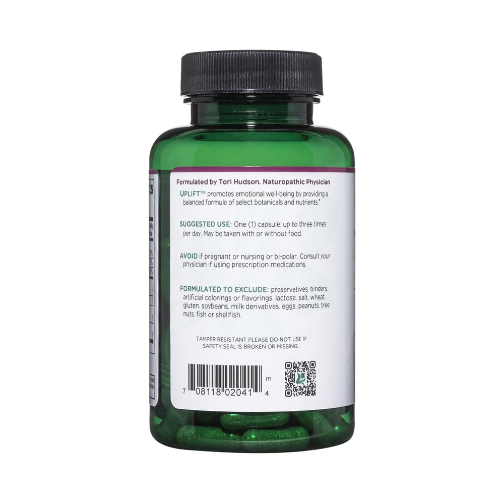 Close-up of Vitanica Uplift capsules offering mood support in a vegan formula.