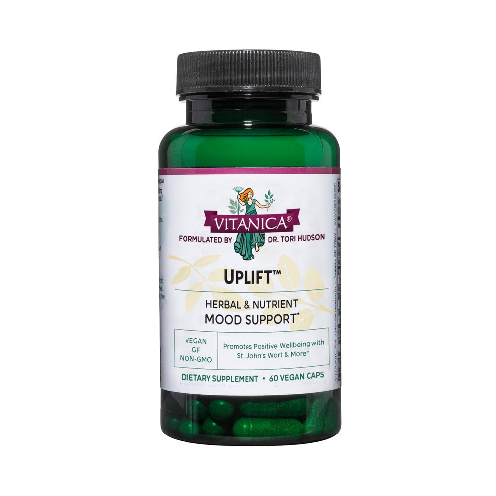 Vitanica Uplift mood-support bottle on display for daily balance.