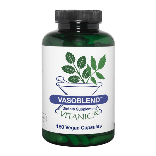 Vitanica VasoBlend bottle—vegan cardiovascular formula for daily support.