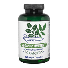Vitanica Vegan Symmetry bottle close-up highlighting vegan multivitamin benefits for plant-based diets.