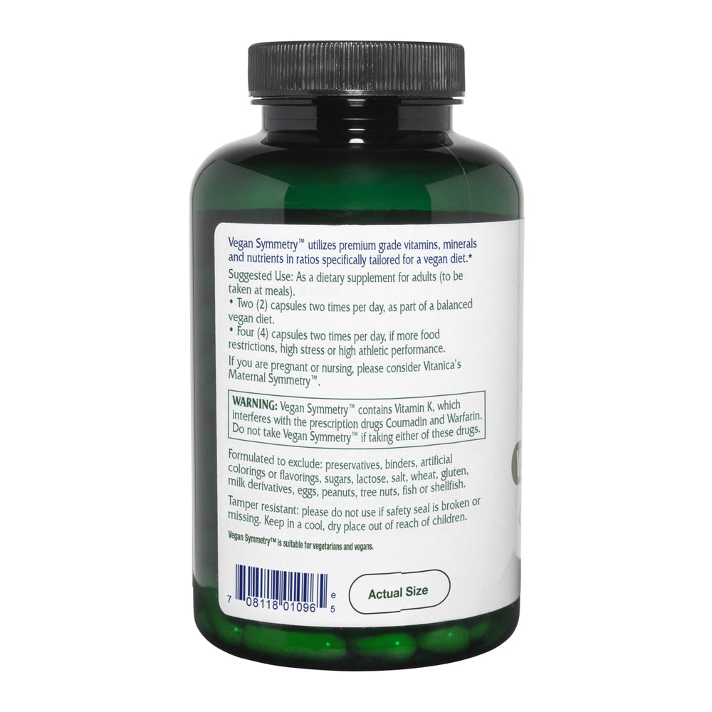 Vitanica Vegan Symmetry ingredients label shows vitamin D, calcium, magnesium.