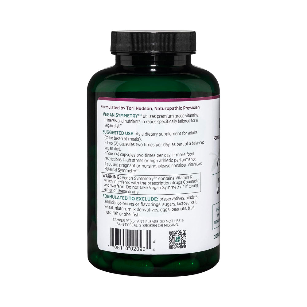 Vitanica Vegan Symmetry nutrition facts highlight gluten-free and iron-free formula