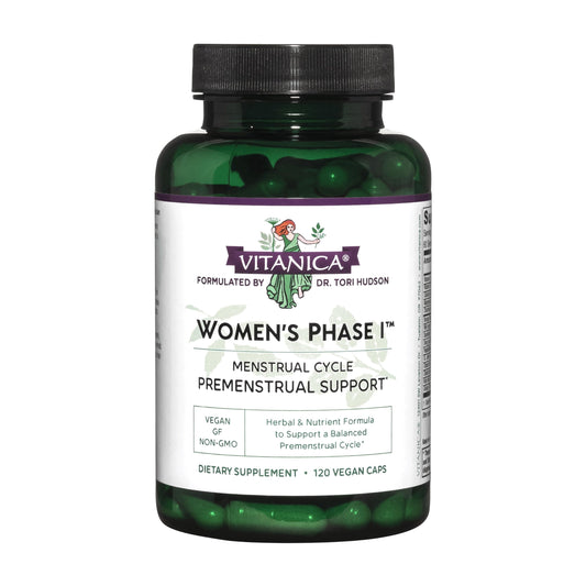 Vitanica Women's Phase I capsules close-up for vegan PMS support