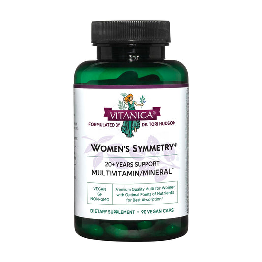 Vitanica Women's Symmetry bottle front for daily vegan multivitamin use.