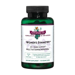 Vitanica Women's Symmetry bottle front for daily vegan multivitamin use.