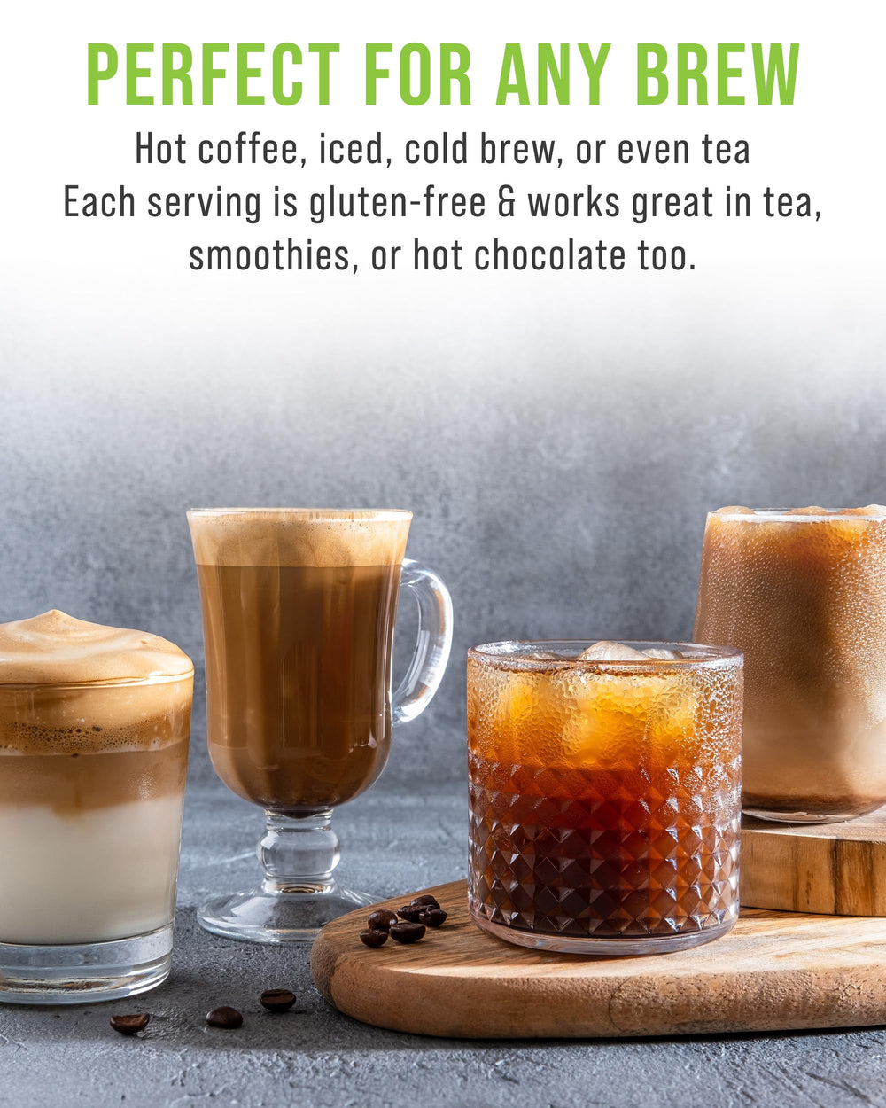 VitaPerk Energy coffee add-in shows easy boost for hot or cold drinks.