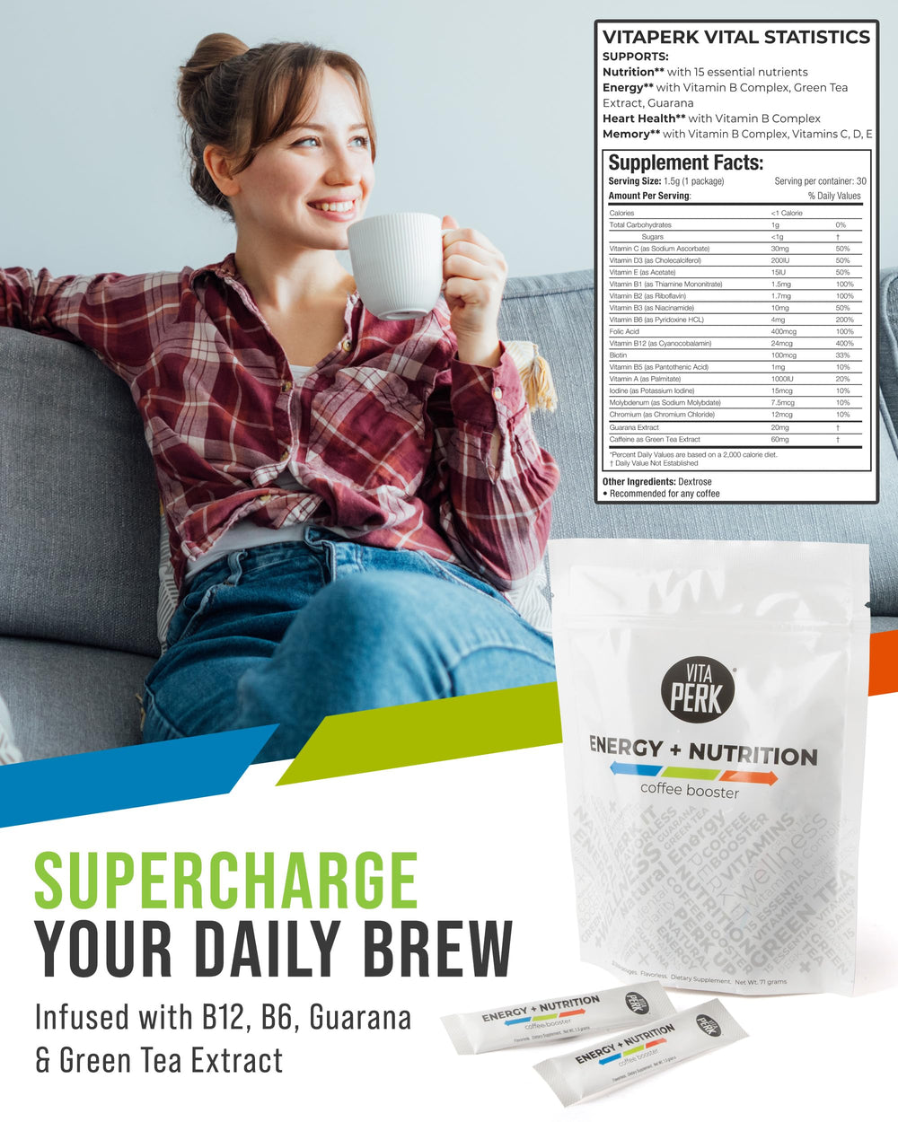 VitaPerk Energy label close-up emphasizes gluten-free and low-calorie formula.