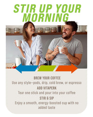 VitaPerk Energy quick-dissolve tablets beside a cup for hot or cold drinks.