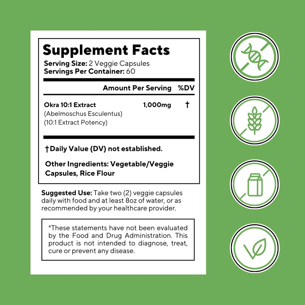 Nutrition facts panel for Vitapia Okra Extract supplement