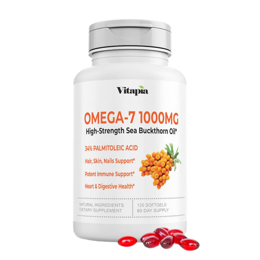 Vitapia Omega7 softgel bottle for convenient daily skin and hair support.