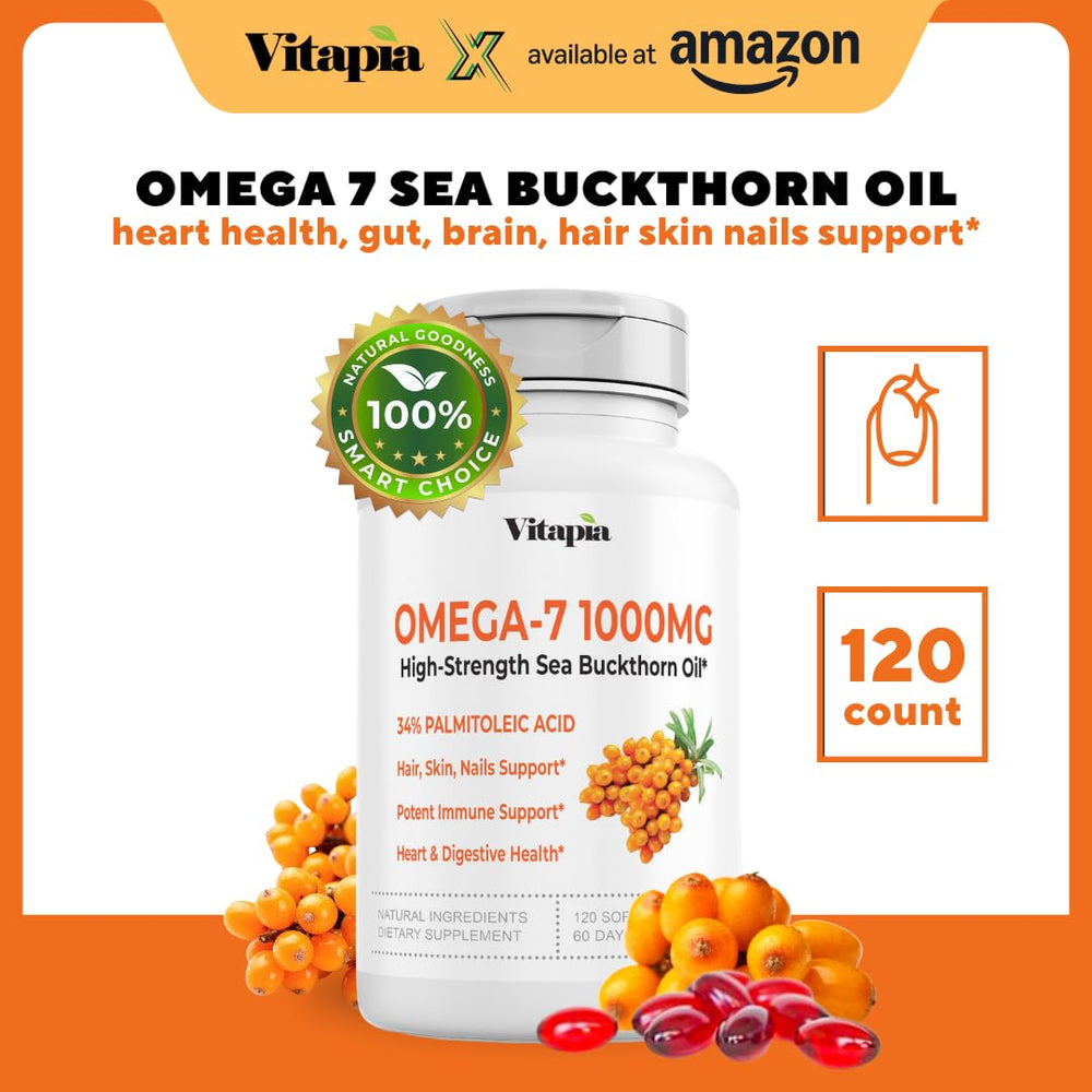 Vitapia sea buckthorn oil bottle with label highlighting antioxidant benefits.