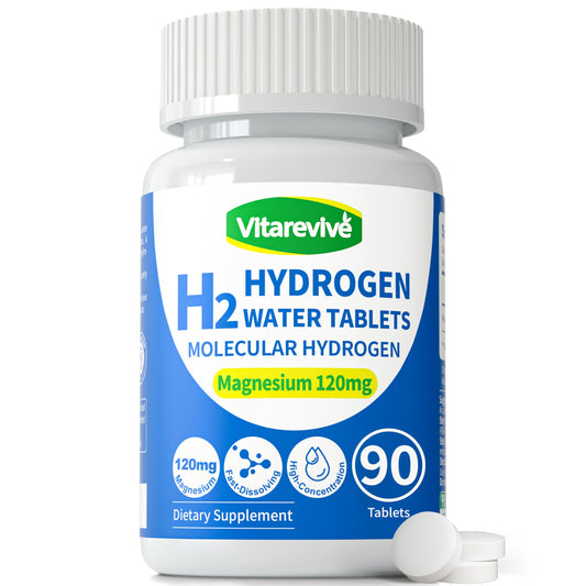 Vitarevive hydrogen water tablets dissolving in a glass for quick hydration.