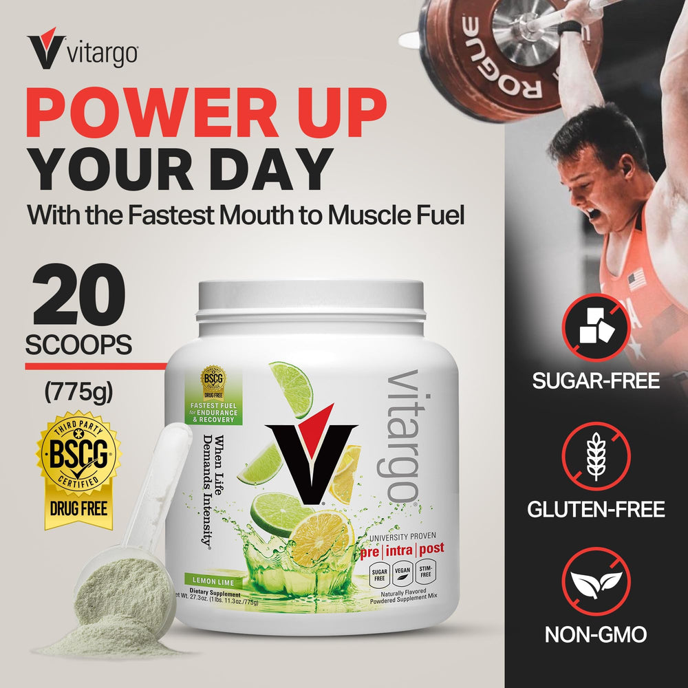Vitargo lemon-lime powder scoop beside bottle for easy mixing.