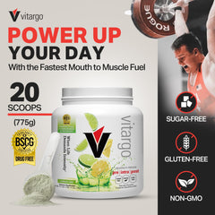 Vitargo lemon-lime powder scoop beside bottle for easy mixing.