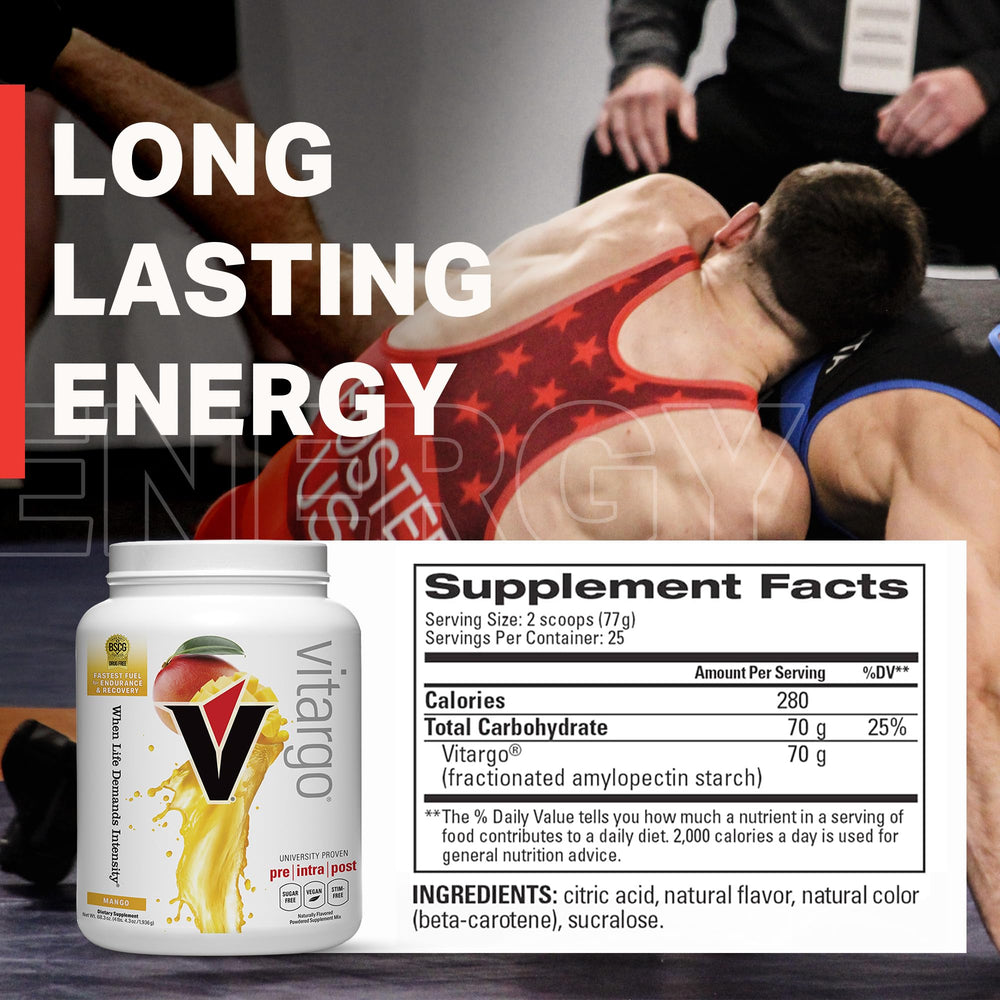 Vitargo mango bottle with certifications and clean ingredients