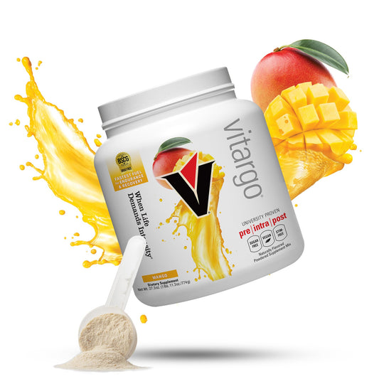 Vitargo Mango tub on shelf, sugar-free carb fuel for endurance and recovery.