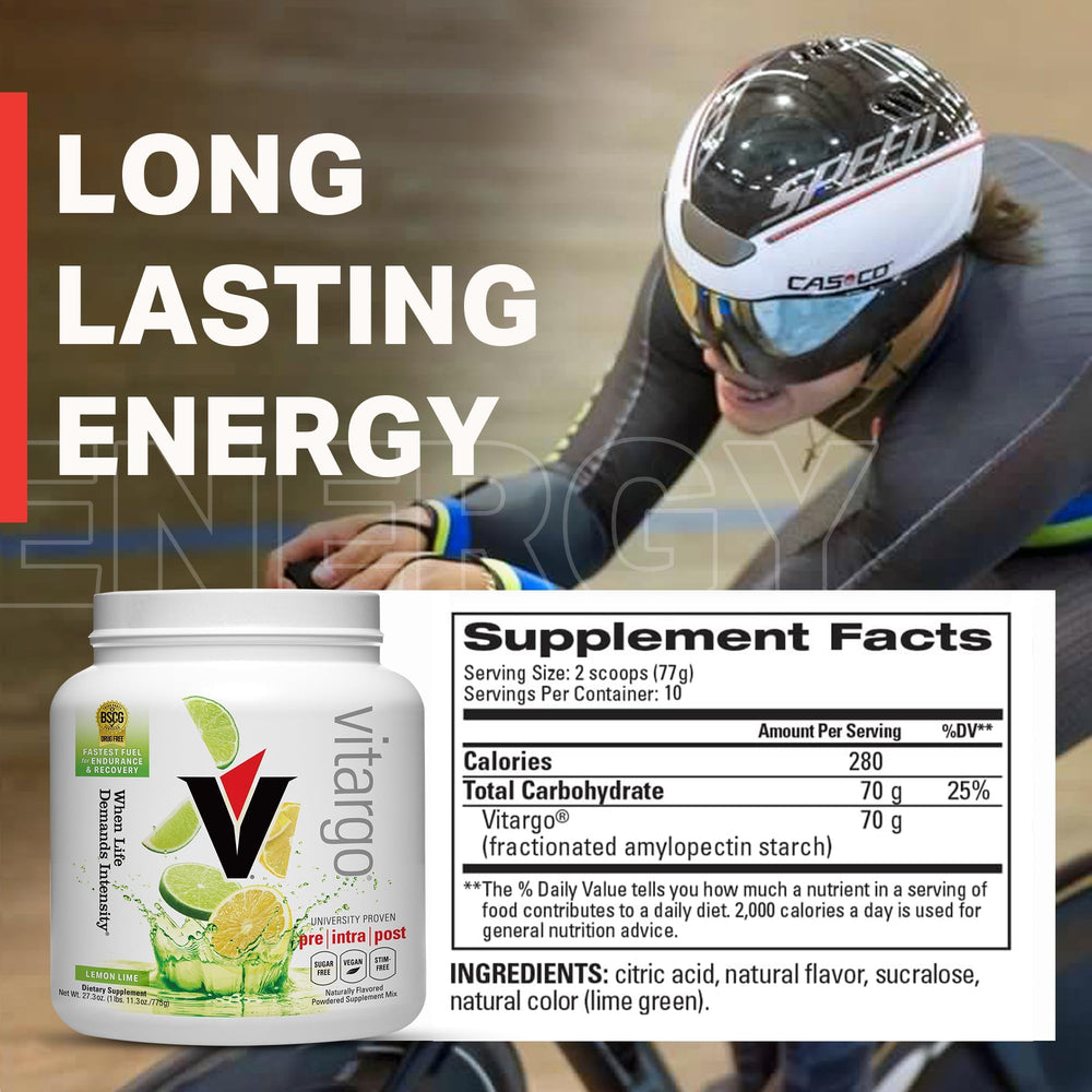 Vitargo nutrition label highlights vegan, sugar-free, gluten-free ingredients.