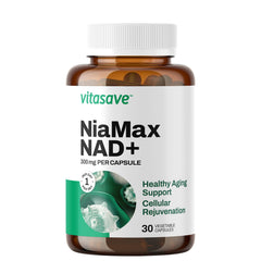 Vitasave Niamax bottle front view highlighting daily energy support and aging wellness