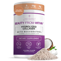 Vitasei collagen powder front canister showcasing coconut flavor for daily beauty support.