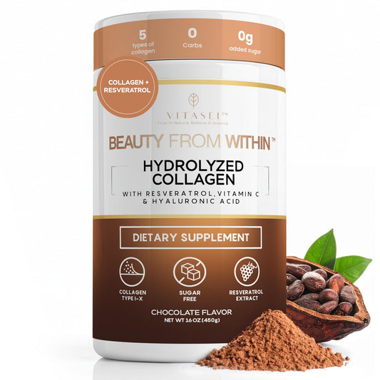 Vitasei hydrolyzed collagen powder bottle for daily beauty and joint support.