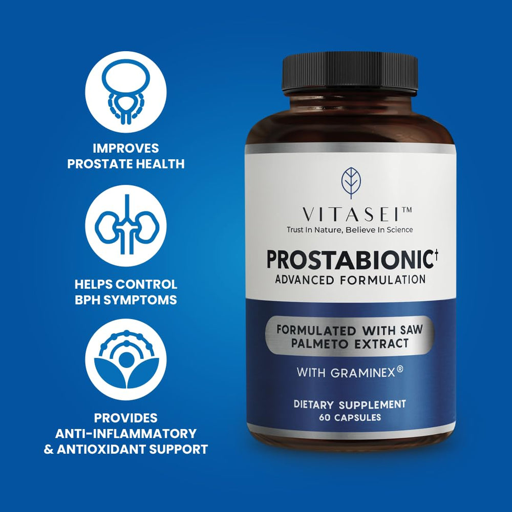 Close-up of VITASEI Prostabionic capsules ready for daily use.