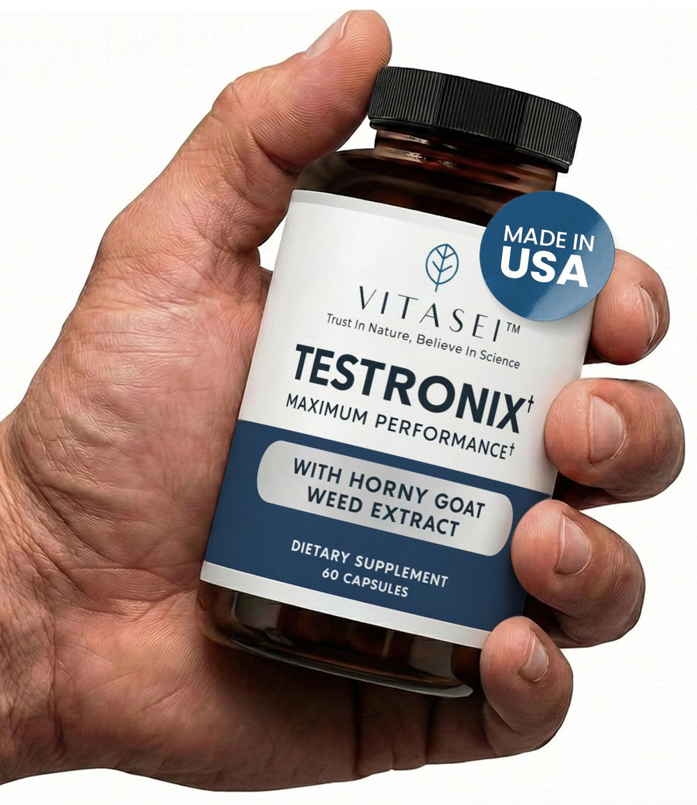 VITASEI Testronix bottle on counter showing daily energy support.