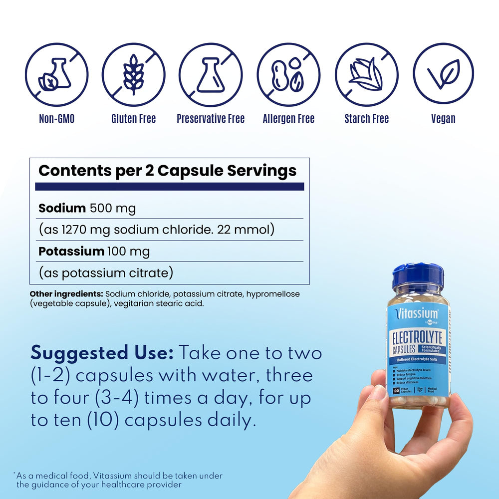 Vitassium capsules in hand: portable high-sodium electrolyte support anytime.