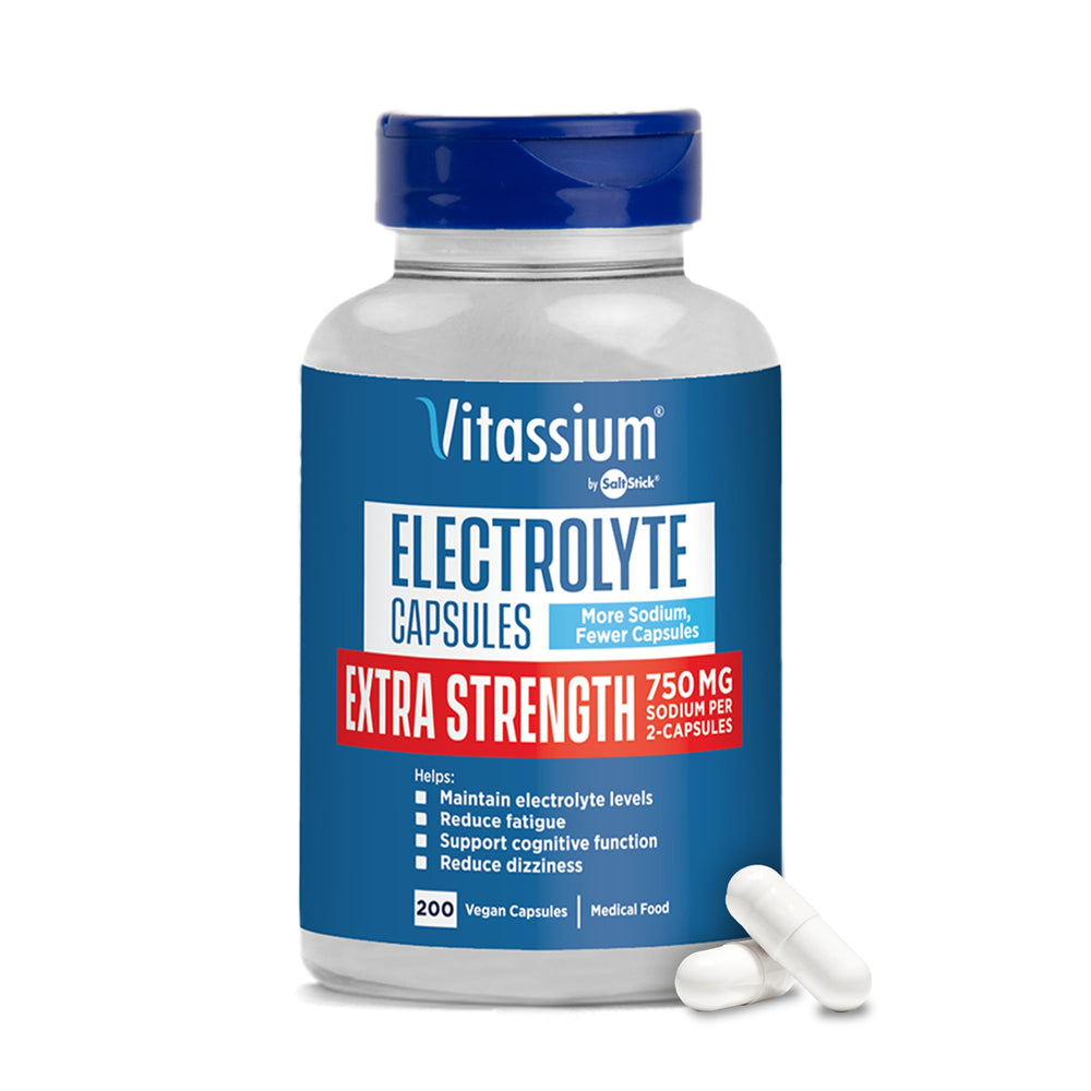 Vitassium extra-strength bottle front showing unflavored electrolyte capsules for easy daily balance