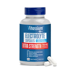 Vitassium extra-strength bottle front showing unflavored electrolyte capsules for easy daily balance